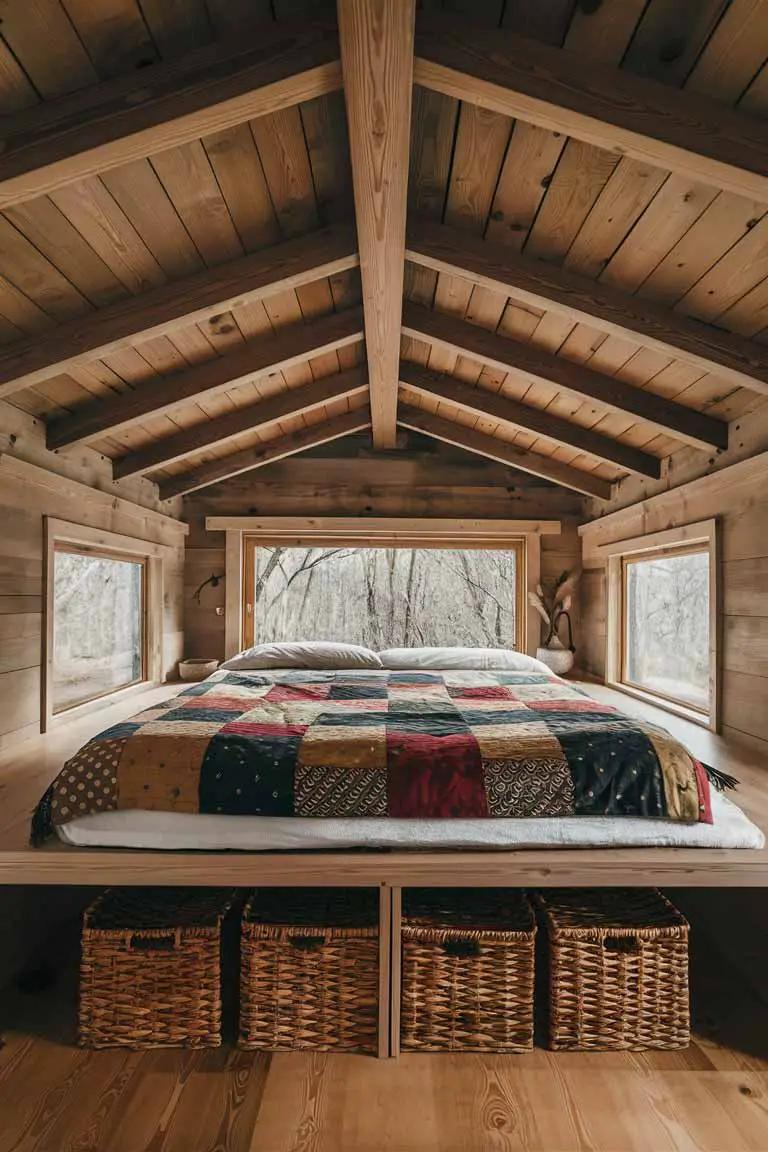 Loft bedroom with wooden beams and patchwork quilt