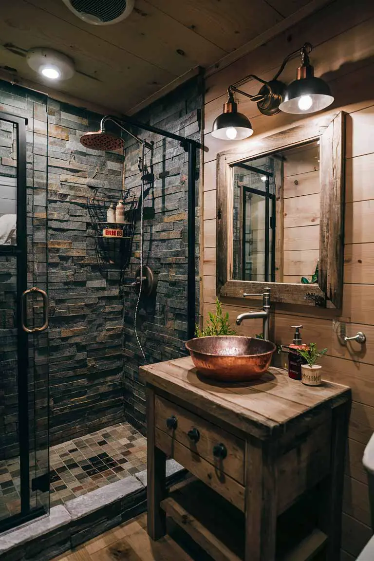 Rustic bathroom with stone shower and wooden vanity