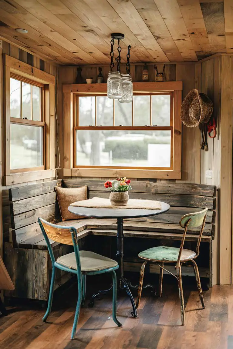 Rustic dining nook with built-in bench and mason jar chandelier