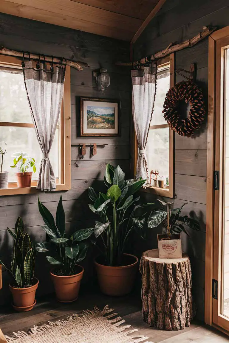 Nature-inspired rustic decor with plants and wooden accents