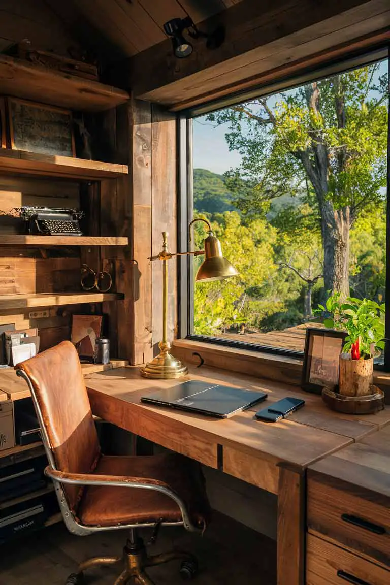 Compact rustic home office with wooden desk and leather chair
