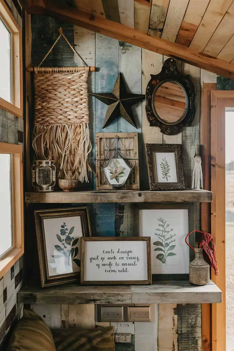 Rustic accent pieces including woven wall hangings and vintage decor