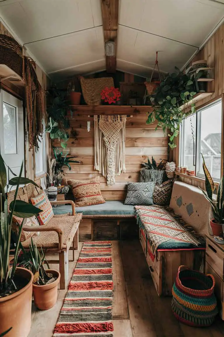 Bohemian rustic tiny house with colorful textiles and plants