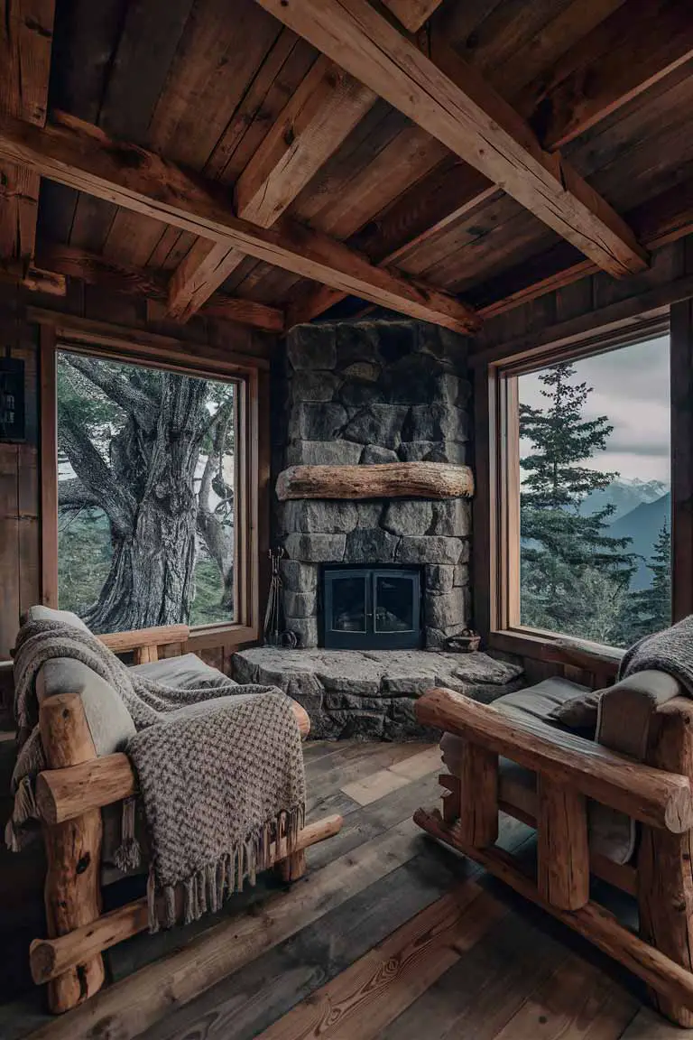Mountain cabin style rustic tiny house with stone fireplace and wooden beams