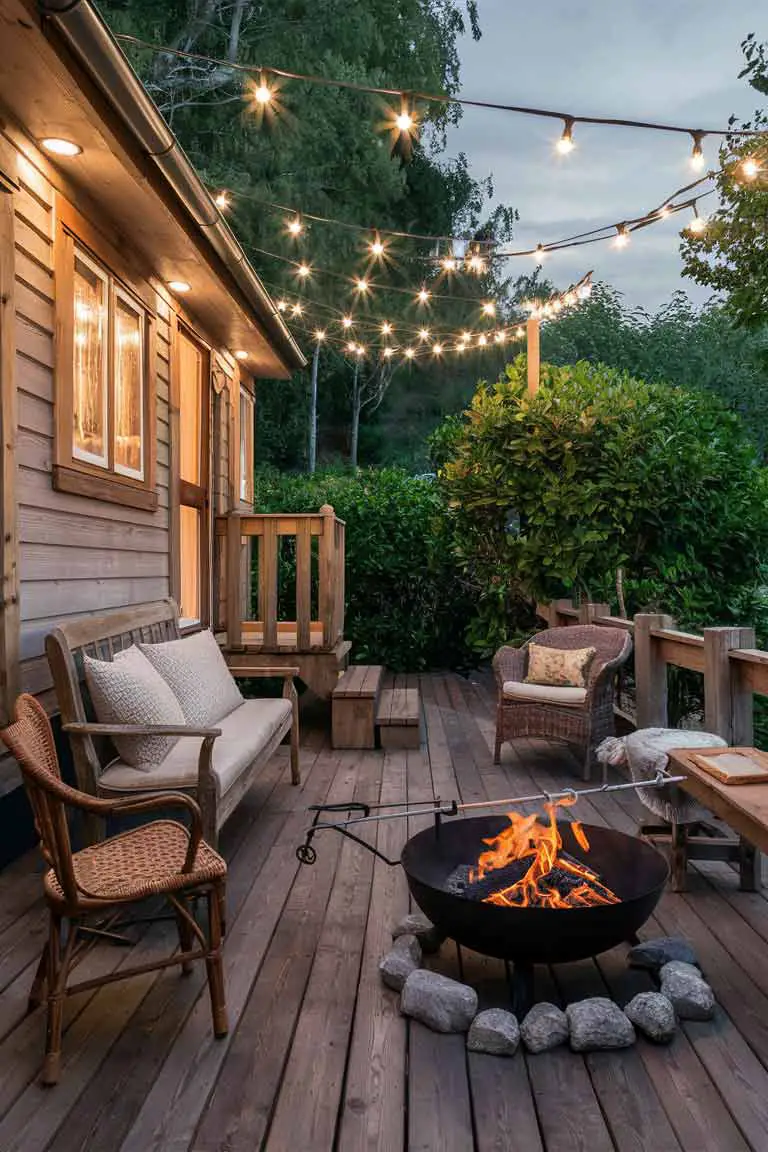 Rustic tiny house wooden deck with fire pit and string lights