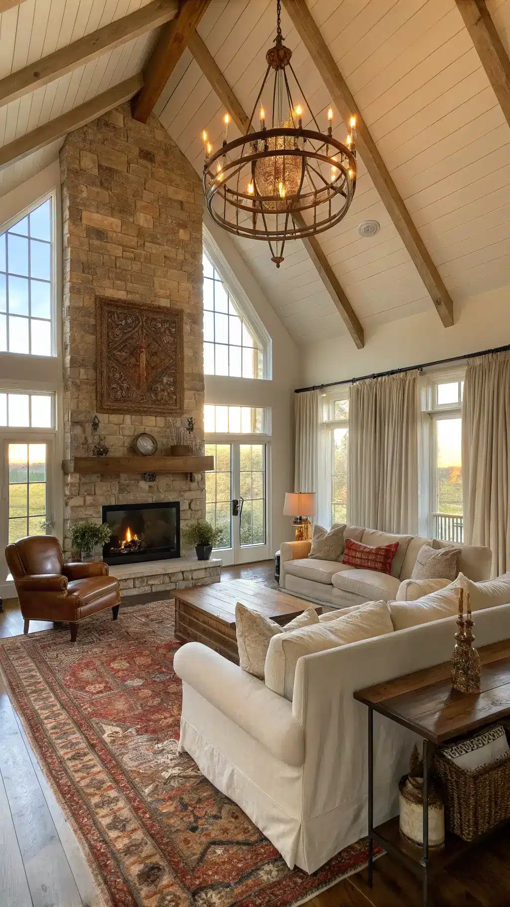 Inviting farmhouse living room with cathedral ceiling, rustic chandelier, vintage Persian rugs, distressed leather armchairs, stone fireplace, and golden hour light filtering through linen curtains.