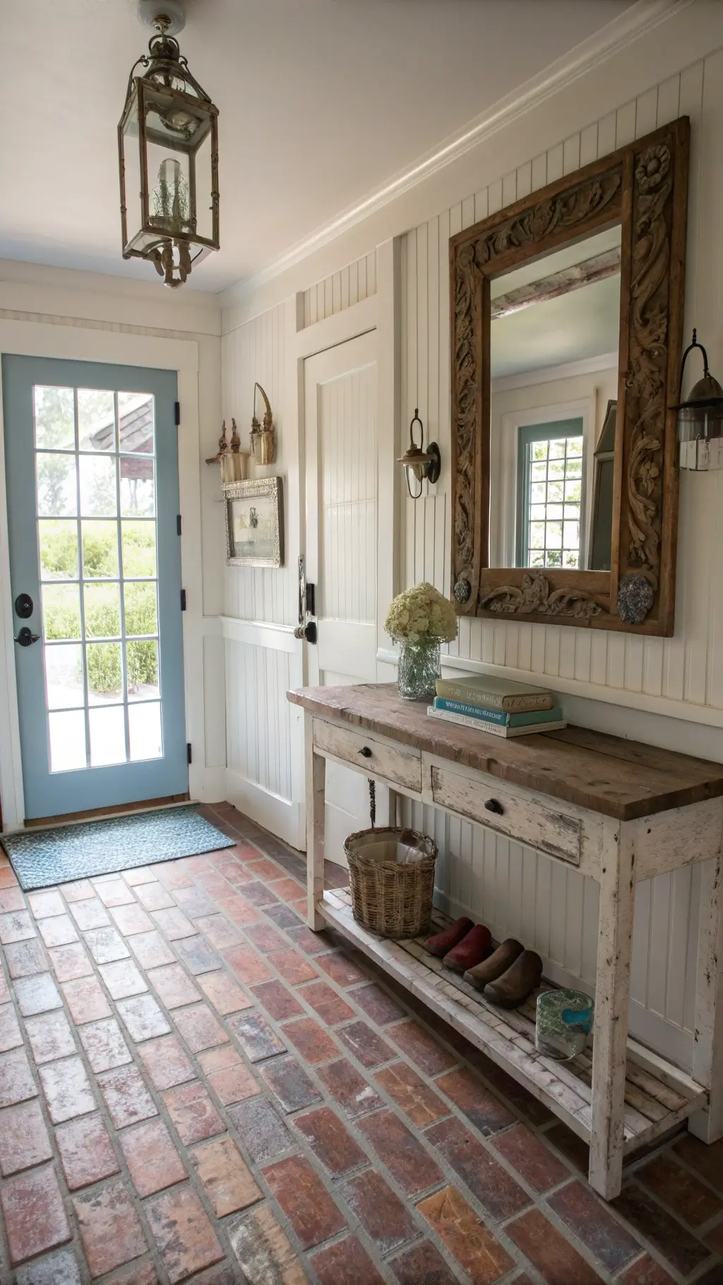 Bright farmhouse entryway with beadboard wainscoting, vintage coat hooks, reclaimed wood console, earthenware crocks, antique mirror, and worn brick flooring with runner.