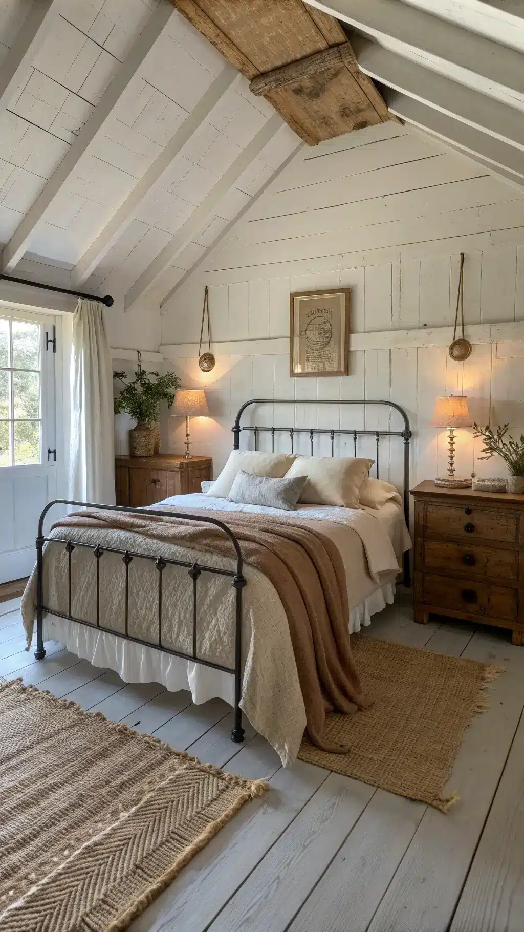 Rustic master bedroom featuring exposed collar ties, soft morning light on whitewashed walls, vintage quilt, iron bed, wooden chests, ceramic lamps, and layered rugs.