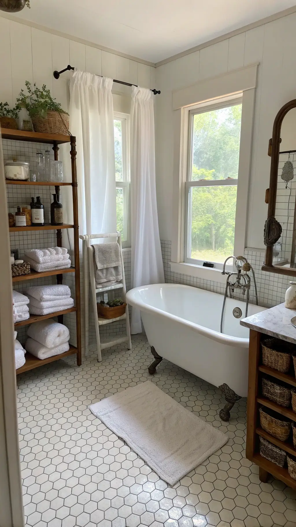 Country-style bathroom with morning sunlight through café curtains, clawfoot tub, hexagon floor tiles, open shelving with white towels and apothecary jars, vintage wash basin on marble vanity, and Turkish towel ladder.