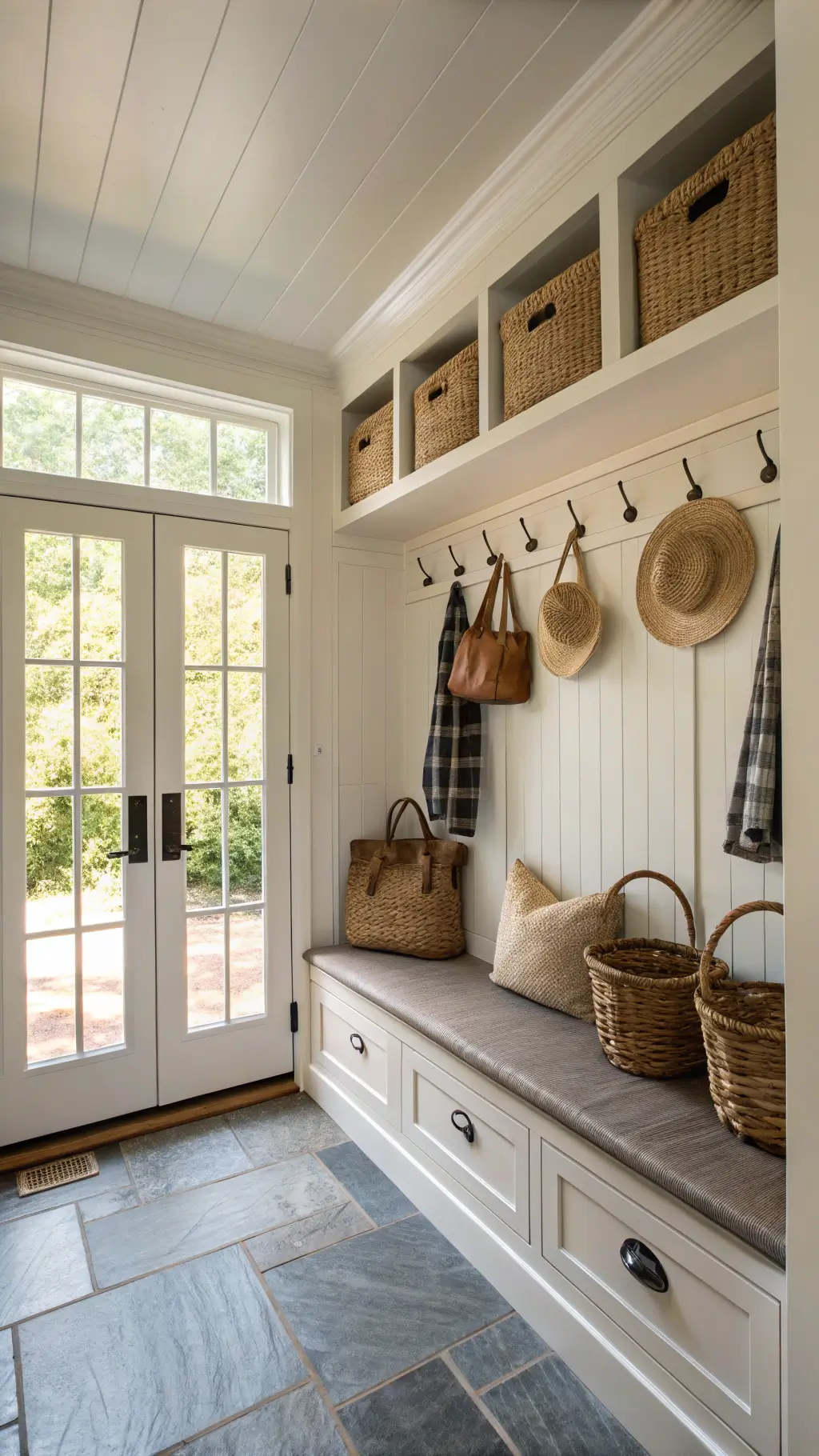 Farmhouse mudroom with shiplap walls, floor-to-ceiling storage, bench with grain sack cushion, hooks holding straw hats and bags, galvanized boot trays, and soft light through glass-paned door.