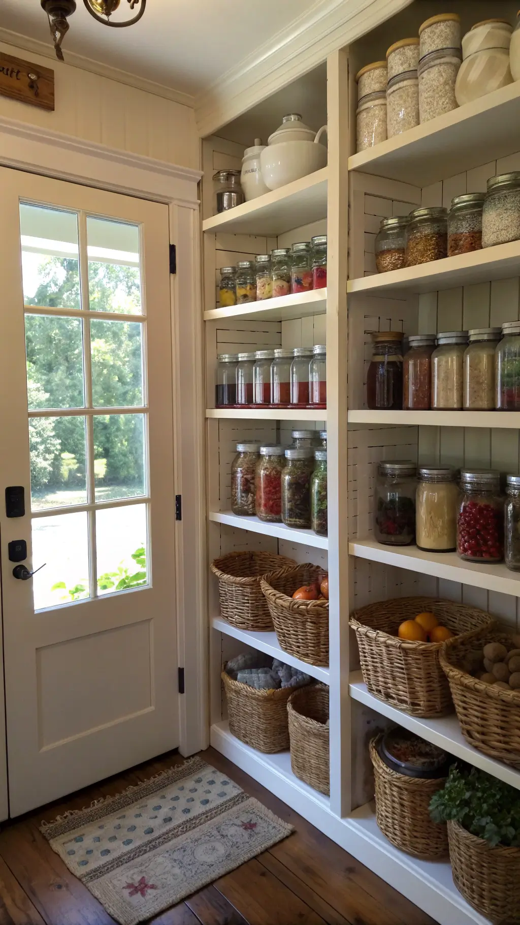 Country kitchen pantry with floor-to-ceiling shelves stocked with vintage mason jars, crocks, fresh produce in wire baskets, dry goods in woven baskets, ambient light from glass door panels, and enamelware collection on top shelf.