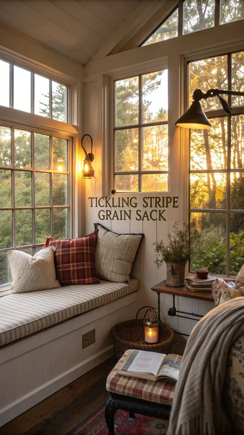 Cozy farmhouse reading nook with large window, piled cushions, knitted throws, vintage lighting, and side table with tea set creating a peaceful retreat atmosphere.