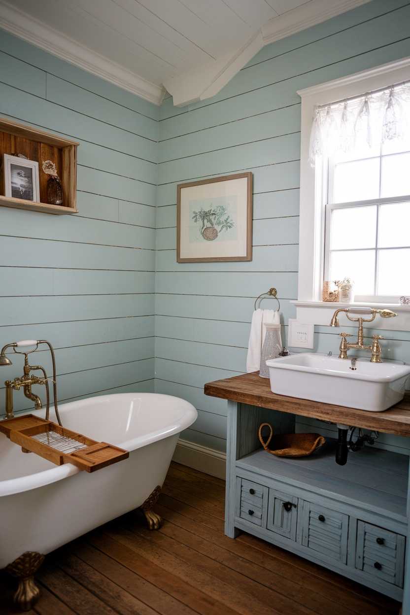 Bathroom featuring light blue shiplap walls, a bathtub, and a sink