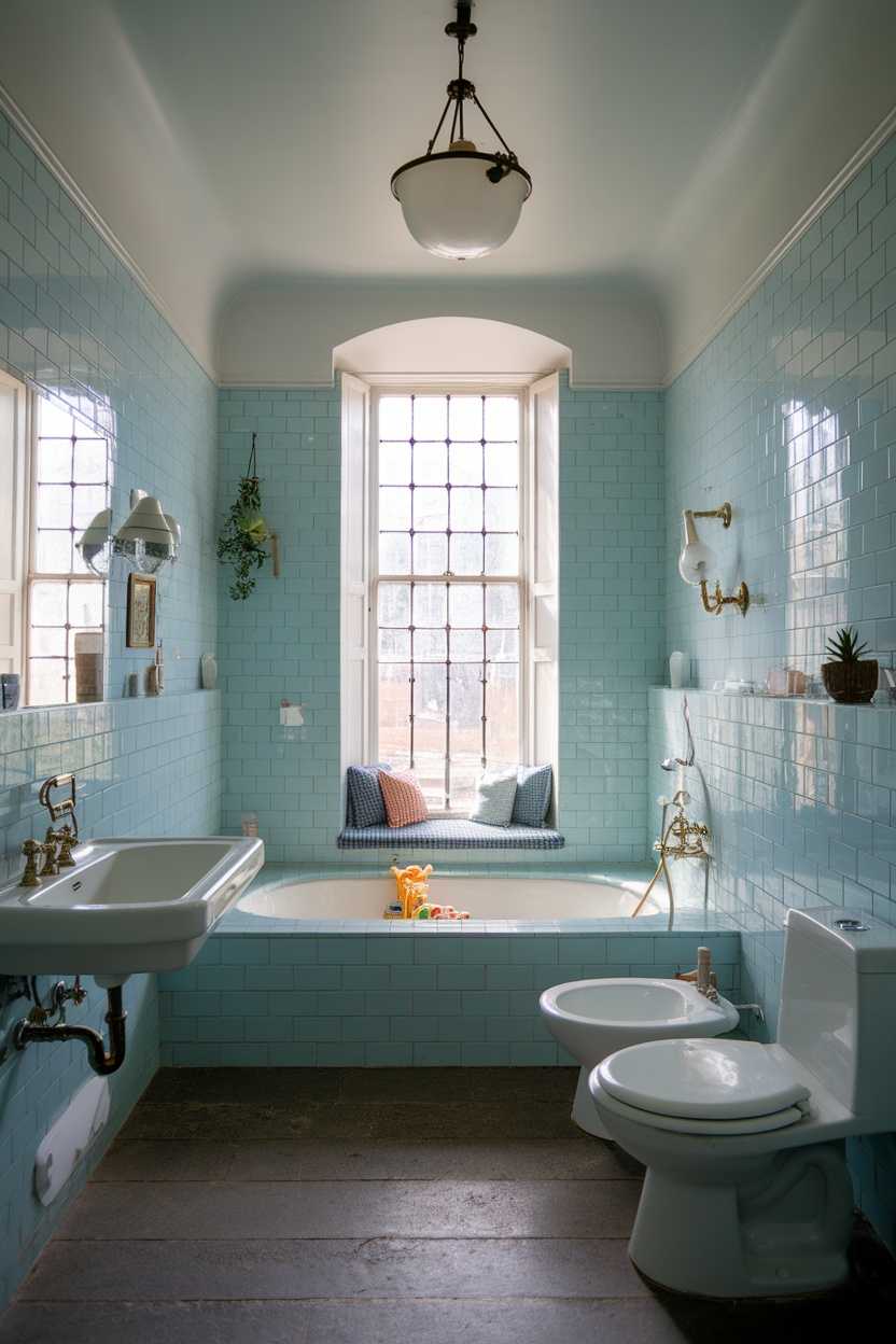Bathroom showcasing vintage light blue tiles alongside sleek modern fixtures