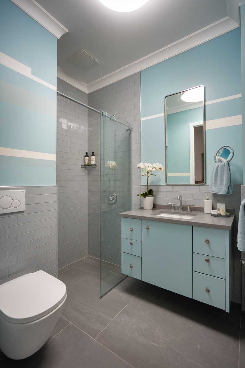 Contemporary bathroom with light blue and gray color blocking and sleek fixtures