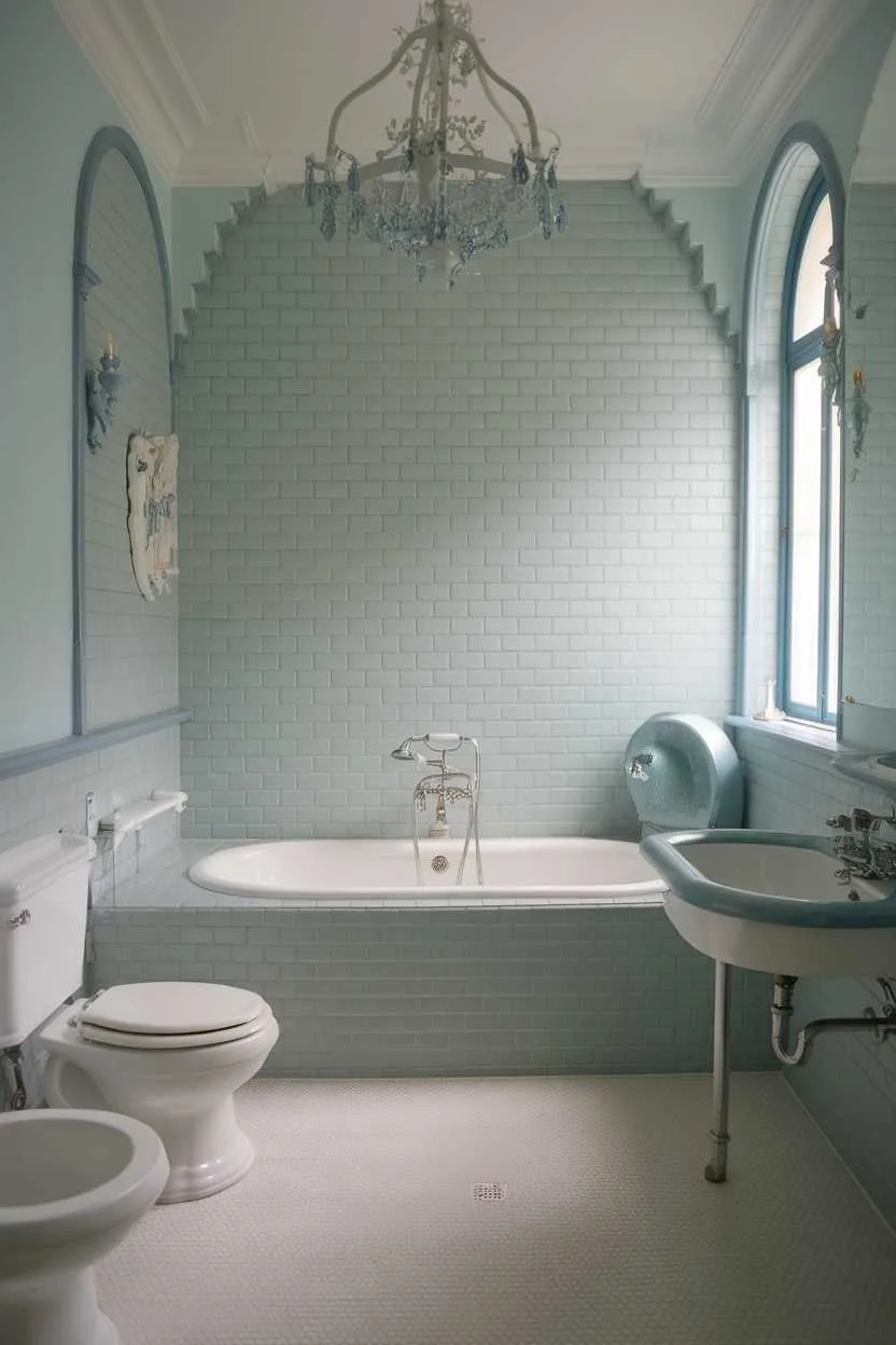 Bathroom with light blue tiles and white sanitaryware