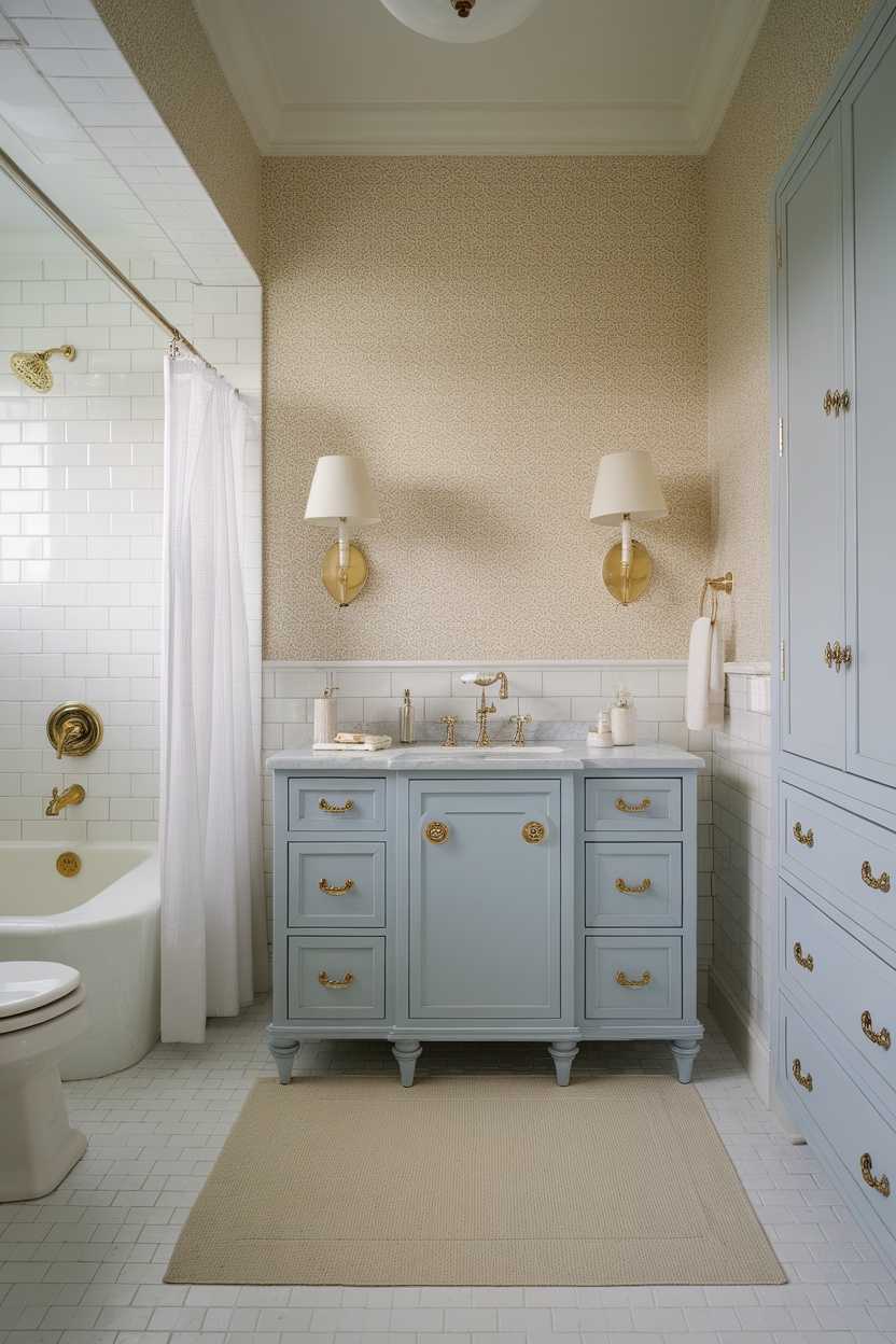 Stylish light blue bathroom vanity accented with gold hardware