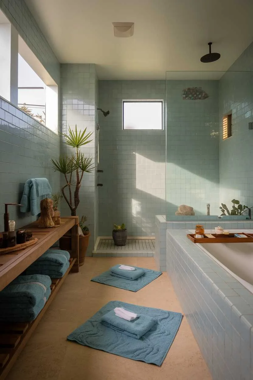 Serene bathroom with light blue tiles, wooden accents, and greenery