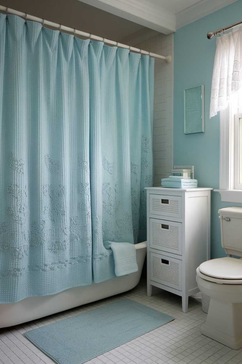 Bathroom with light blue shower curtain, towels, and matching accessories