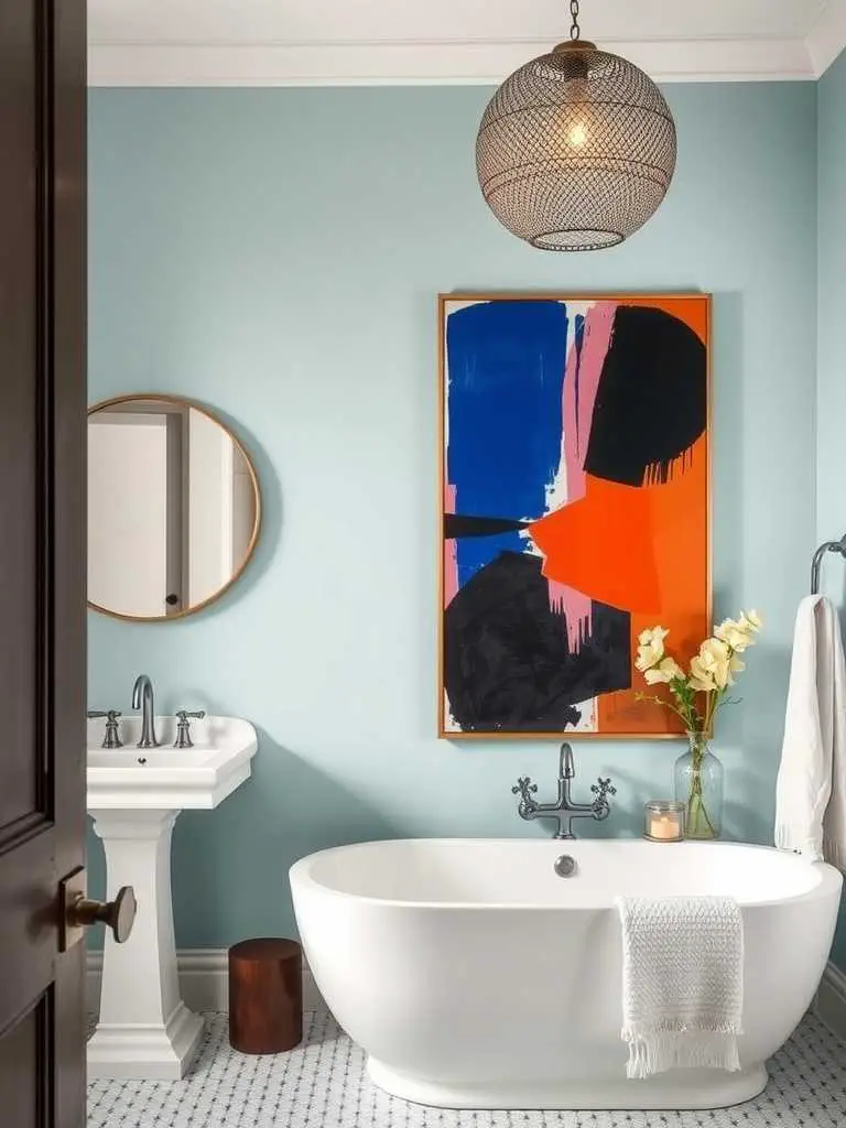 Modern bathroom with light blue walls and striking black and white artwork