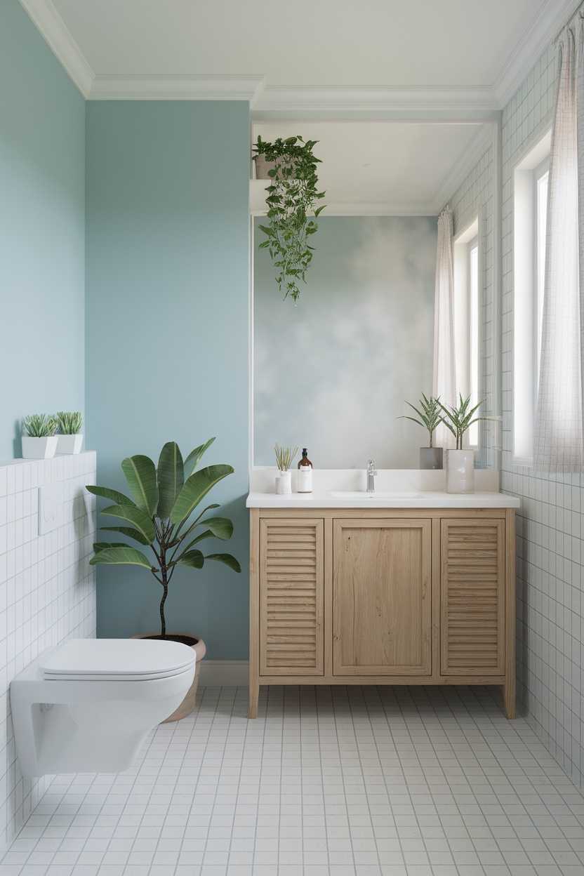 Bathroom with light blue walls, plants, and wooden accents