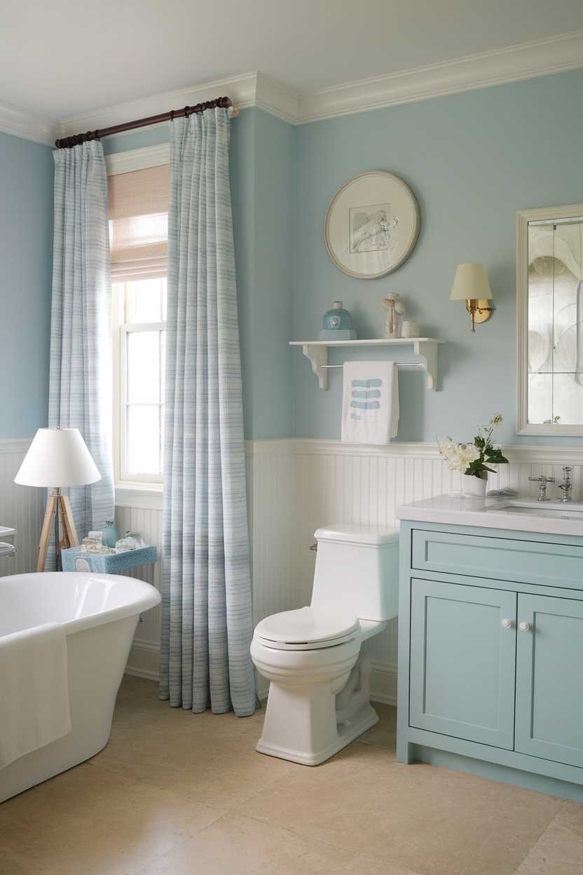 Light blue bathroom featuring white fixtures and coastal-themed decor