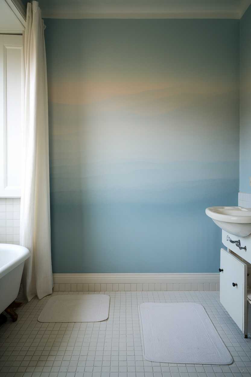 Bathroom with light blue ombre walls, bathtub, and sink
