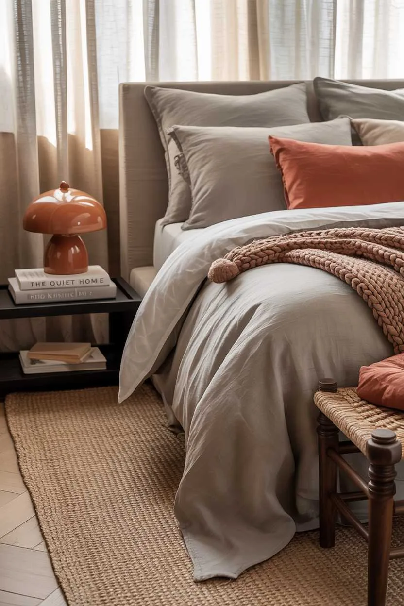 Bedroom with grey linen bedding and terracotta pillows