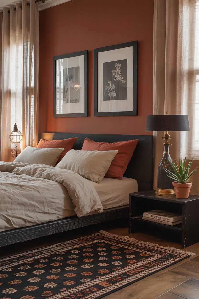 Bedroom with deep terracotta walls and black accents