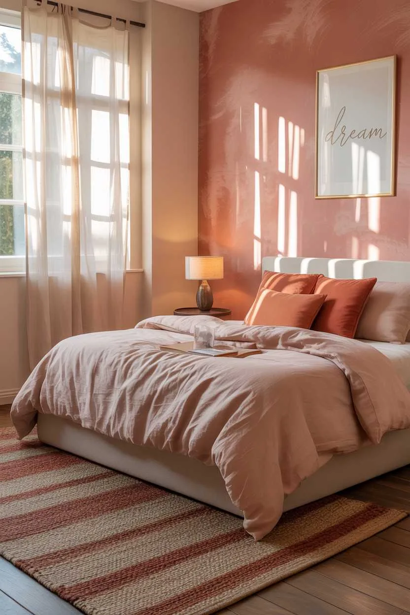 Bedroom with blush pink walls and terracotta pillows