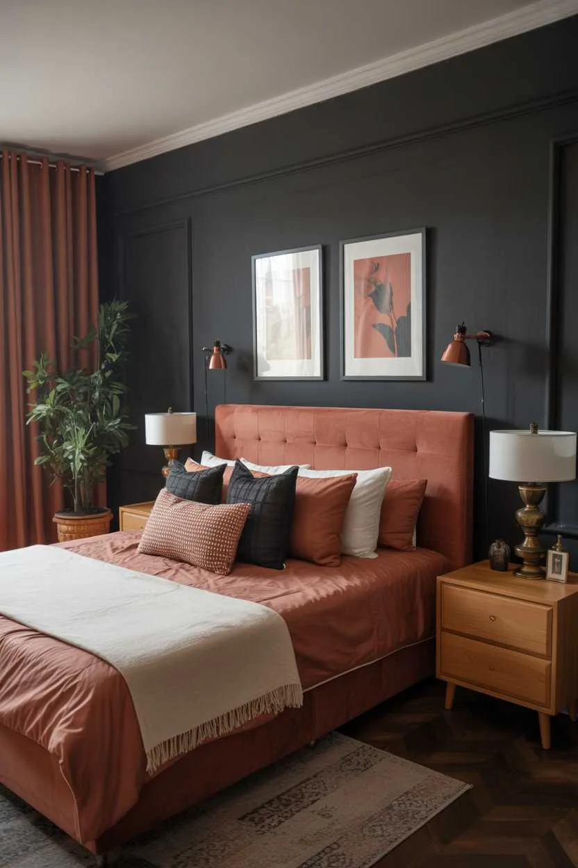 Modern bedroom with black wall and bright orange bed