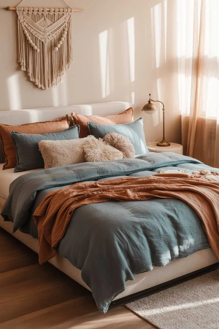 Bedroom with blue and terracotta bedding and macrame wall hanging