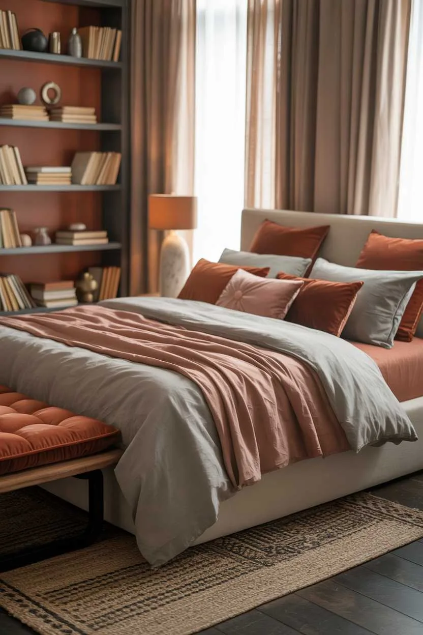 Bedroom with grey and terracotta bedding and bookshelf