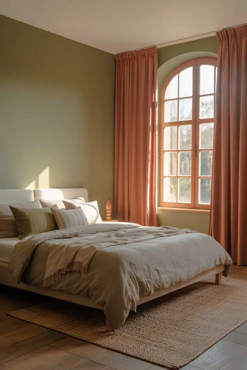 Bedroom with olive green walls and terracotta curtains
