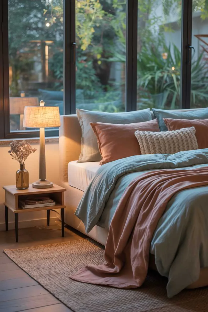 Bedroom with blue and terracotta bedding
