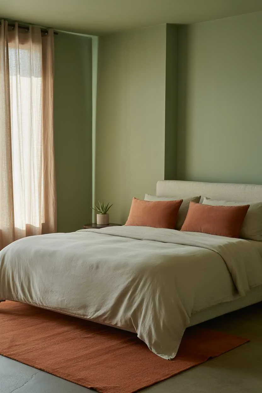 Minimalist bedroom with sage walls and terracotta pillows