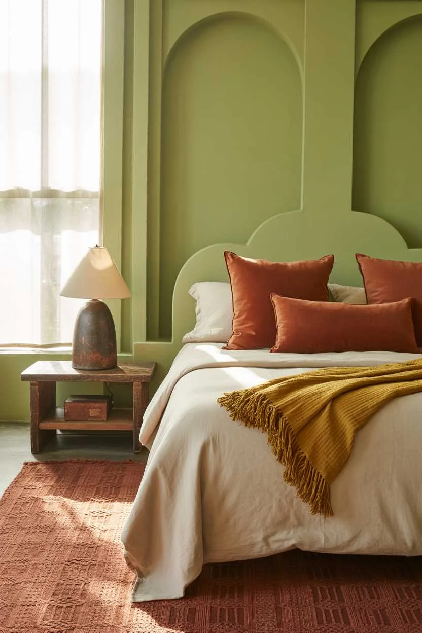 Bedroom with white linens and terracotta pillows