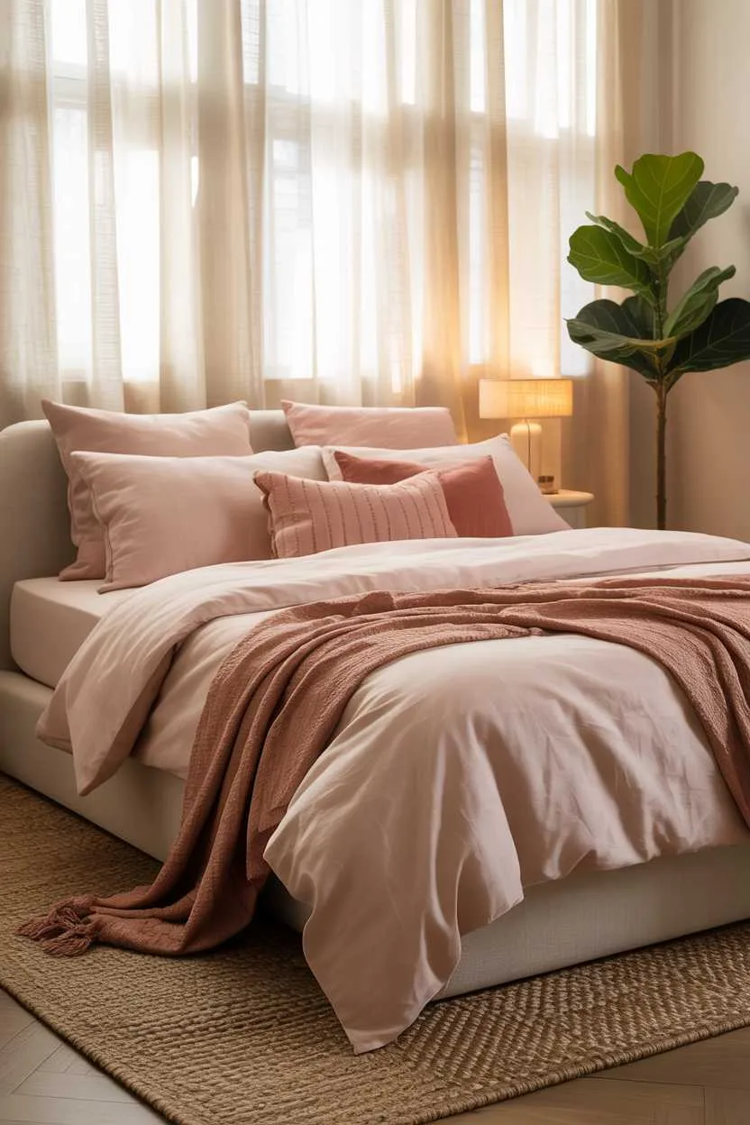 Bedroom with pink and terracotta linens and fiddle leaf fig