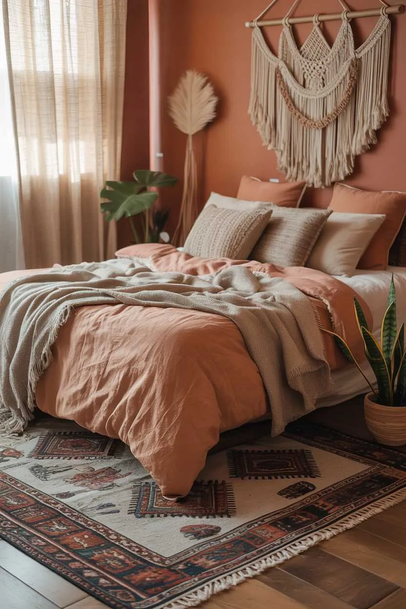 Bohemian bedroom with linen duvet and macrame wall hanging