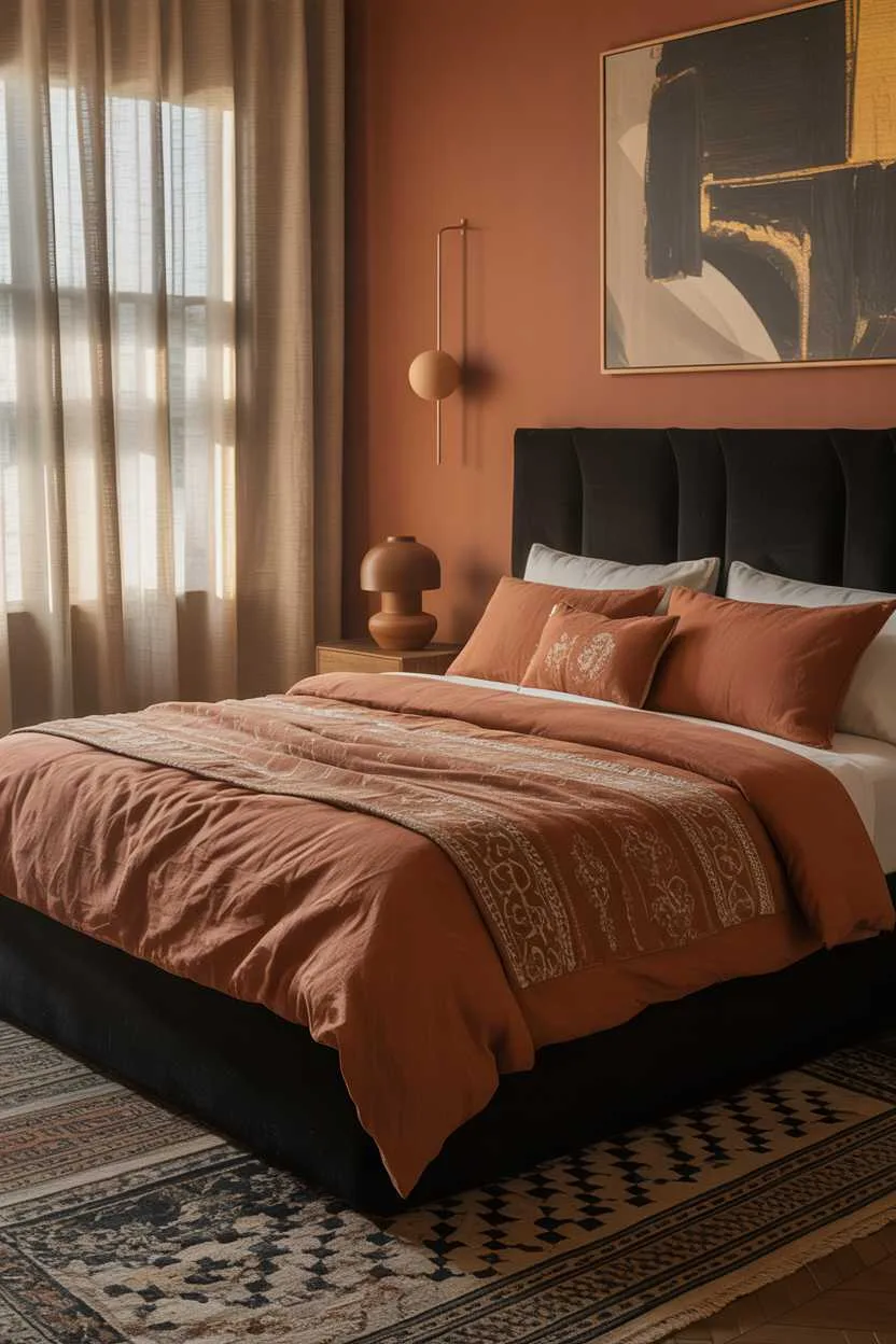 Luxurious bedroom with black velvet headboard and terracotta bedding
