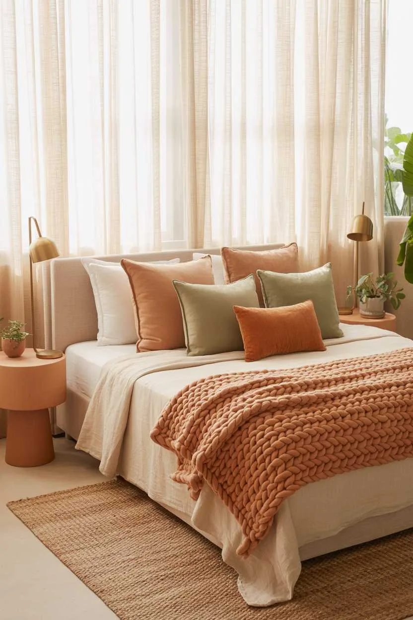 Bed with terracotta throw and sage pillows