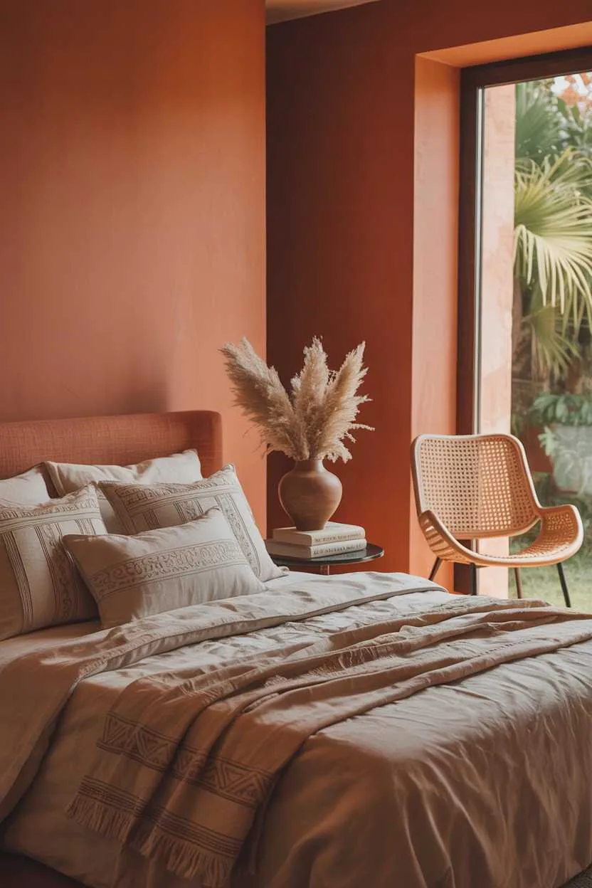 Terracotta bedroom with patterned bedding and rattan chair