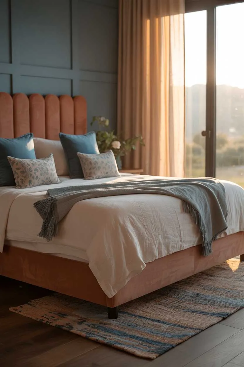 Bedroom with terracotta headboard and blue pillows