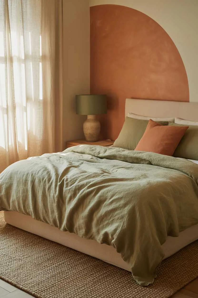 Bedroom with moss green duvet and terracotta pillows