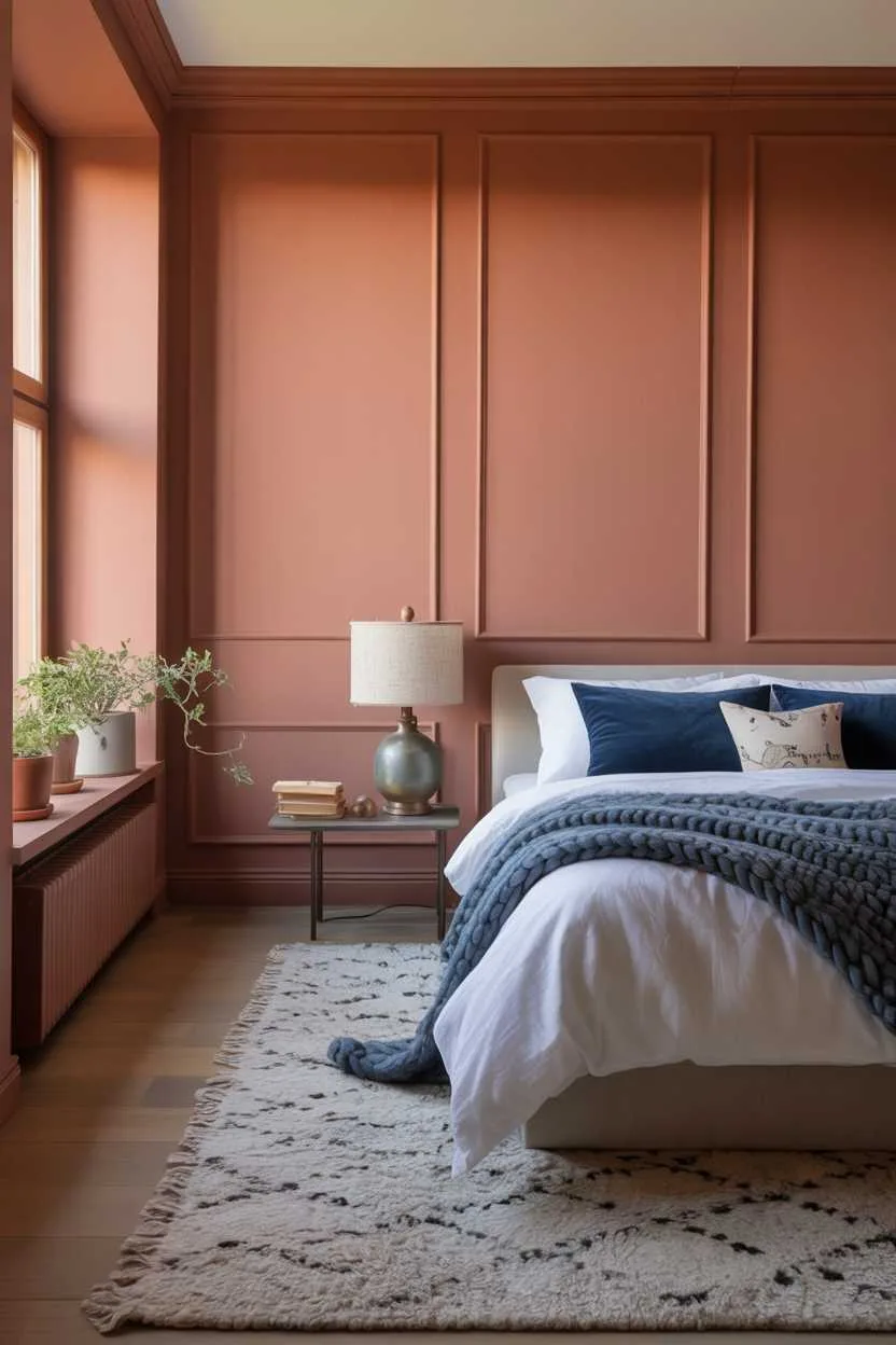 Bedroom with soft terracotta walls and blue bedding