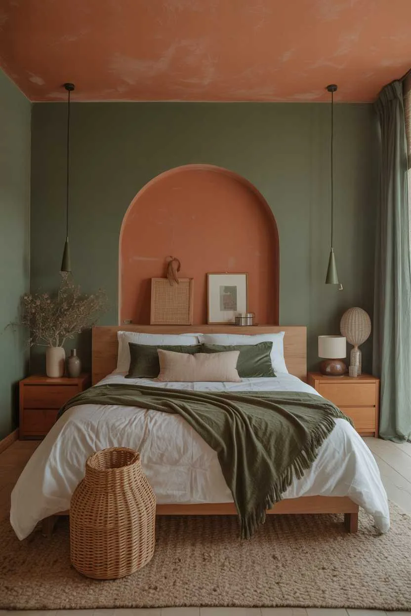 Cozy bedroom with green walls and terracotta accents