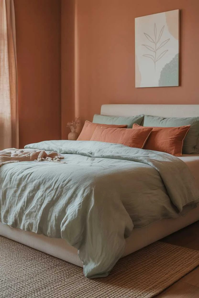 Bedroom with terracotta walls and sage linens