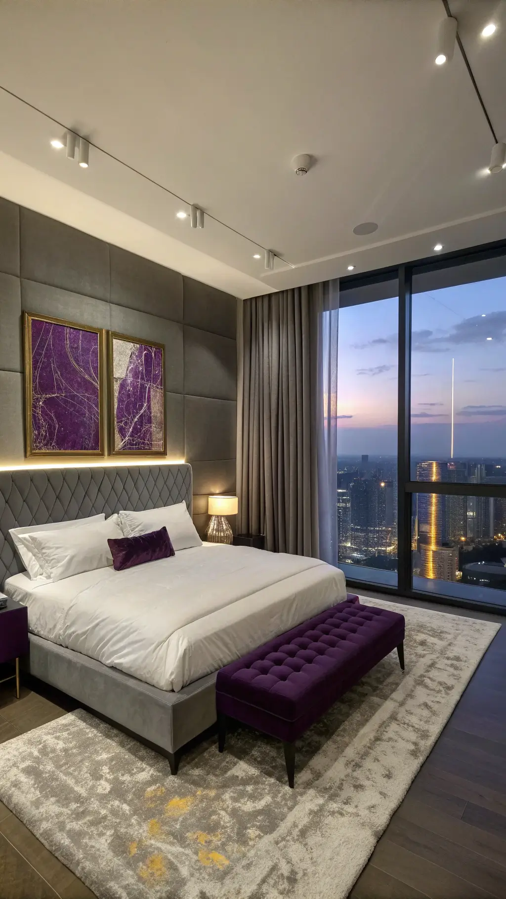 bedroom with eggplant accent wall and purple velvet bench
