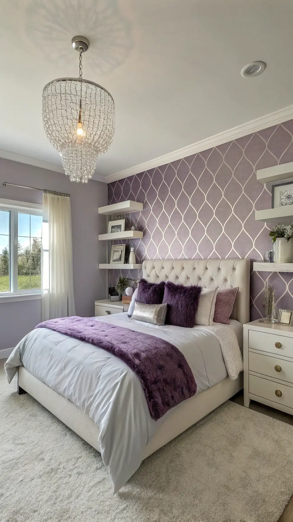 guest bedroom with metallic purple accent wall and lavender linens