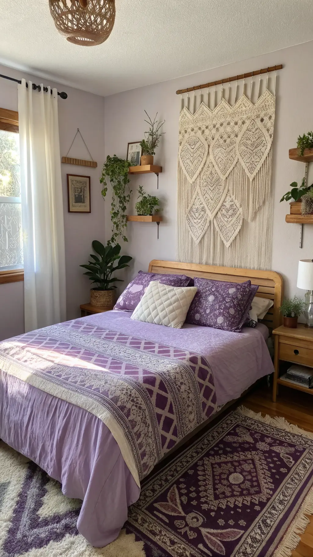 bohemian bedroom with lavender macramé and rattan headboard